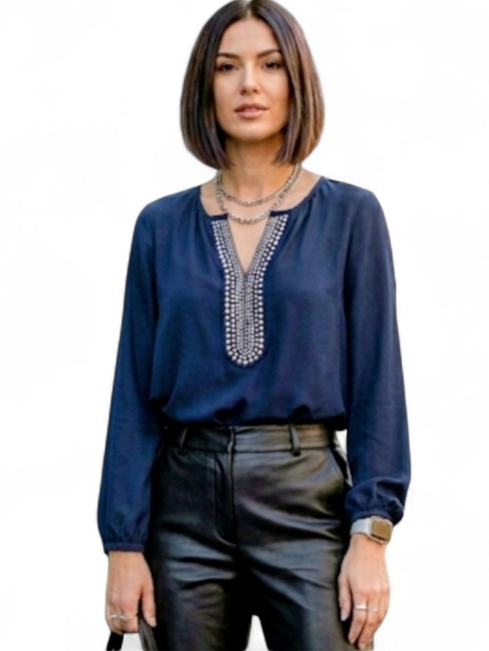 Alfani Navy Blue Studded V-Neck Blouse Edgy Business Vibe Size 2